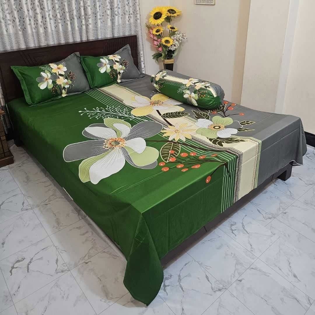 Green Color Floral Premium Bedsheet
