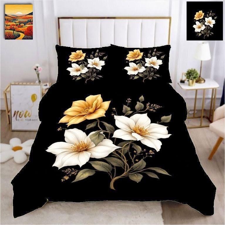 Luxury Black Flower Print Bedsheet Set | Digital Home Tex