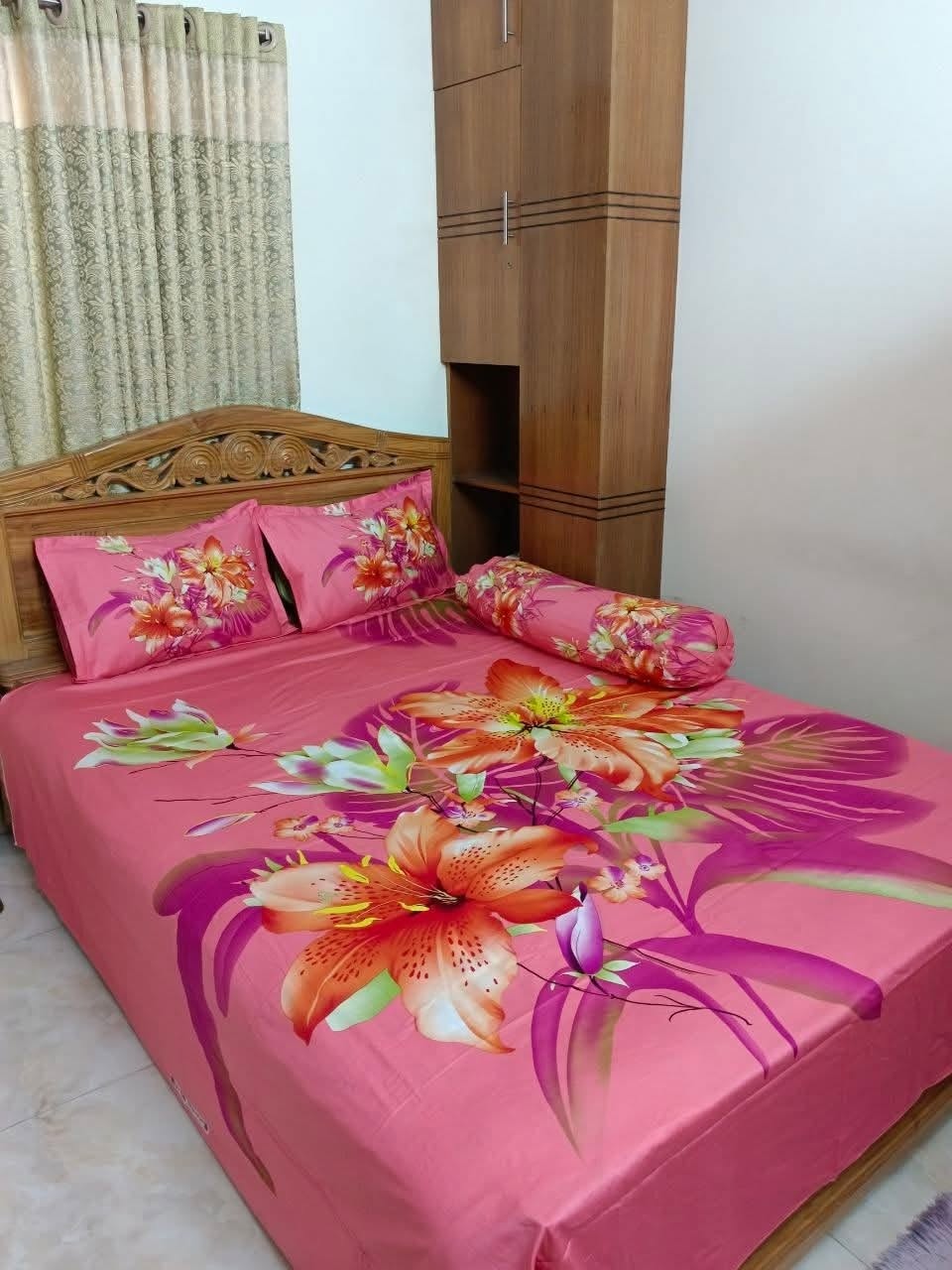 Pink Flower Digital Print Cotton Bedsheet Set – Premium Quality
